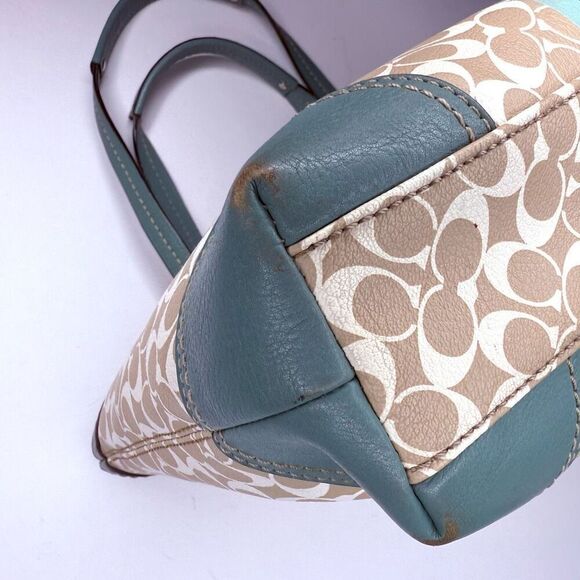 Coach Chelsea Heritage Stripe Signature Tote Teal & Khaki Coated Canvas #F15137 - Picture 9 of 12